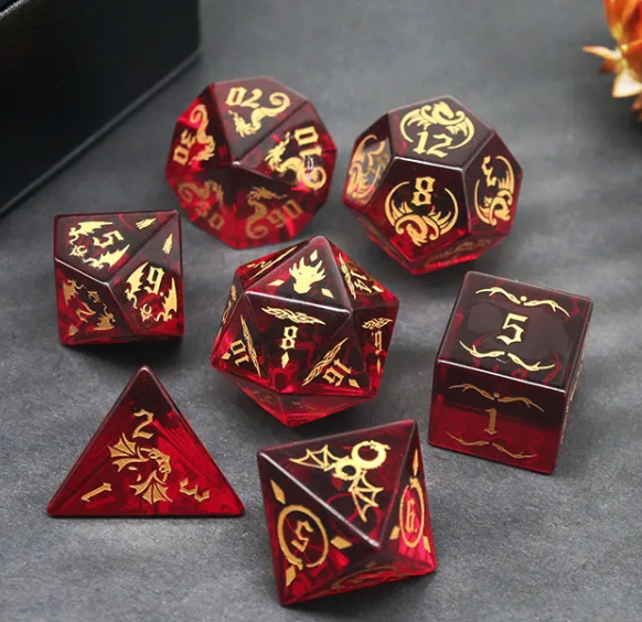 Mizuki's Hoard Fire Dragon Garnet Glass Polyhedral Dice Set