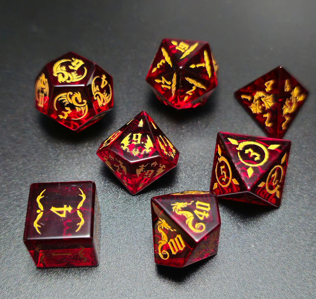 Mizuki's Hoard Fire Dragon Garnet Glass Polyhedral Dice Set